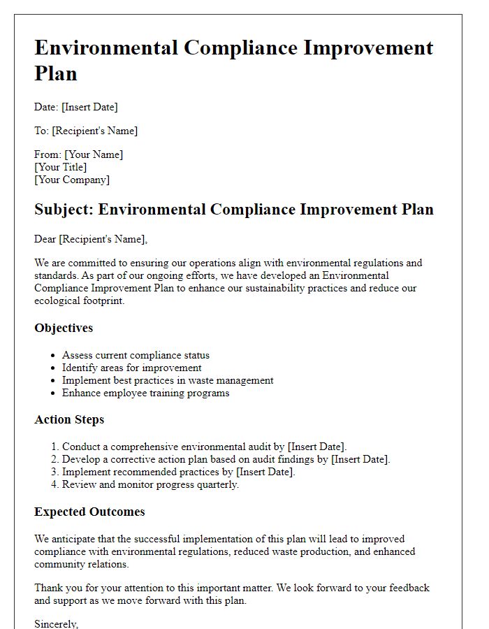 Letter template of environmental compliance improvement plan