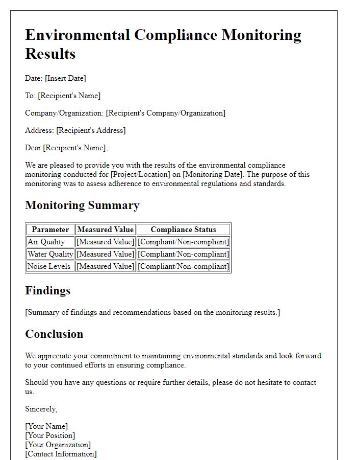 Letter template of environmental compliance monitoring results