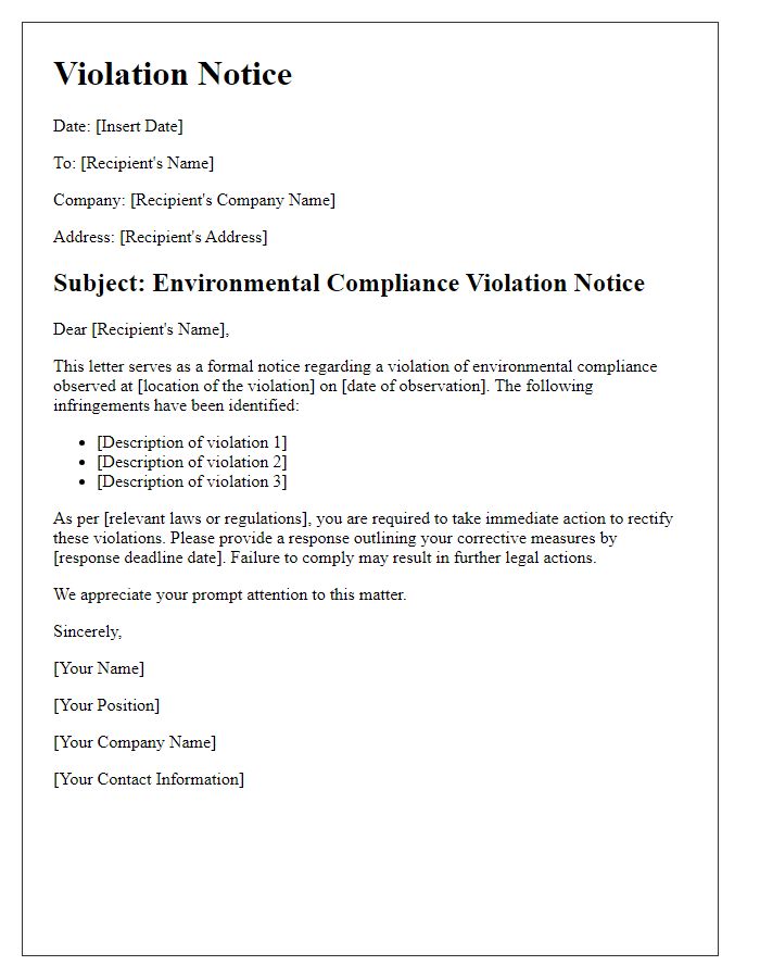 Letter template of environmental compliance violation notice