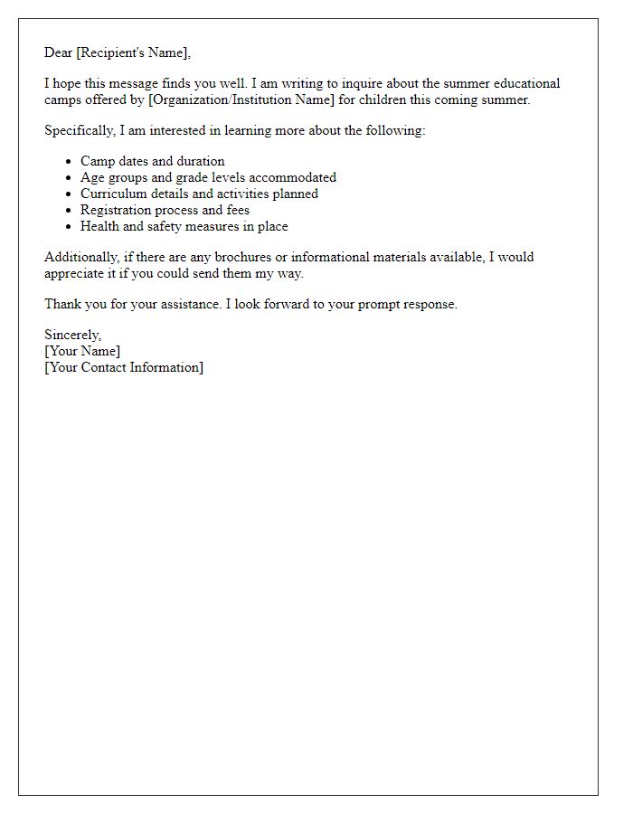 Letter template of query regarding summer educational camps for kids.