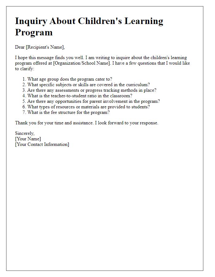 Letter template of questions about a children's learning program.