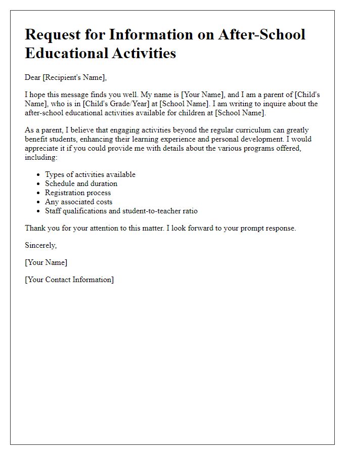 Letter template of request for details on after-school educational activities for children.