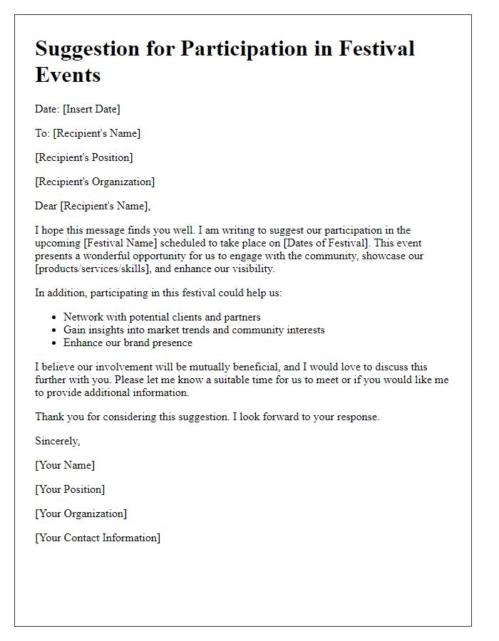 Letter template of suggestion for participation in festival events