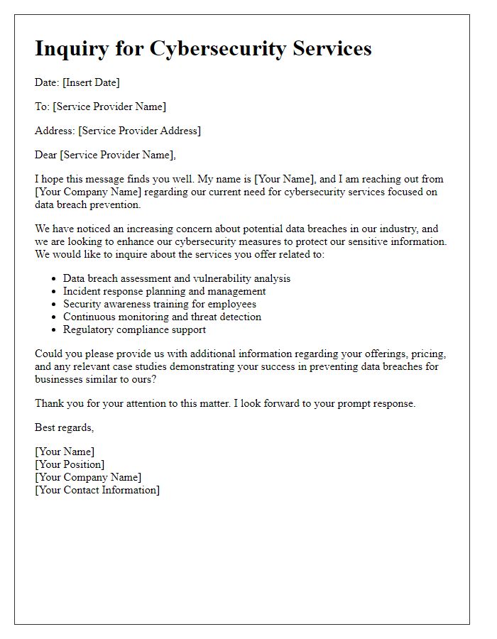 Letter template of cybersecurity service inquiry for data breach prevention.