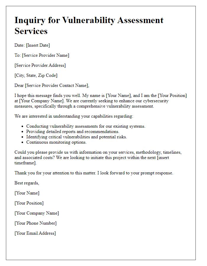 Letter template of cybersecurity service inquiry for vulnerability assessment.