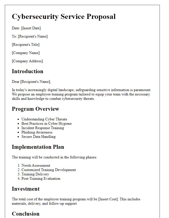 Letter template of cybersecurity service proposal for employee training programs.