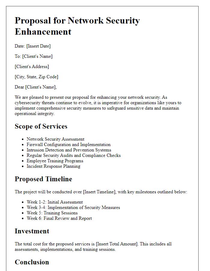 Letter template of cybersecurity service proposal for network security enhancement.