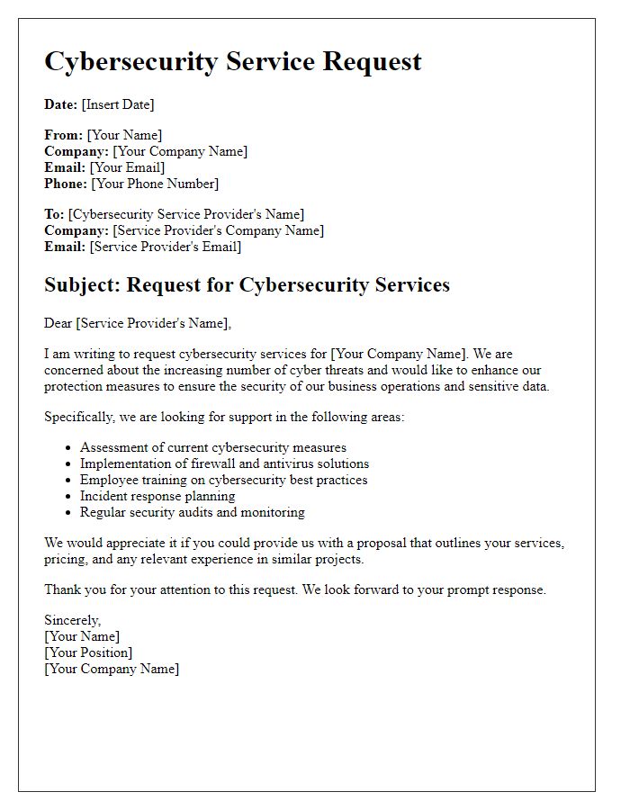 Letter template of cybersecurity service request for business protection.