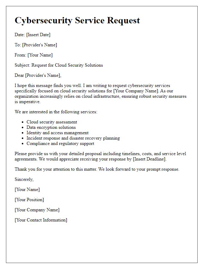 Letter template of cybersecurity service request for cloud security solutions.