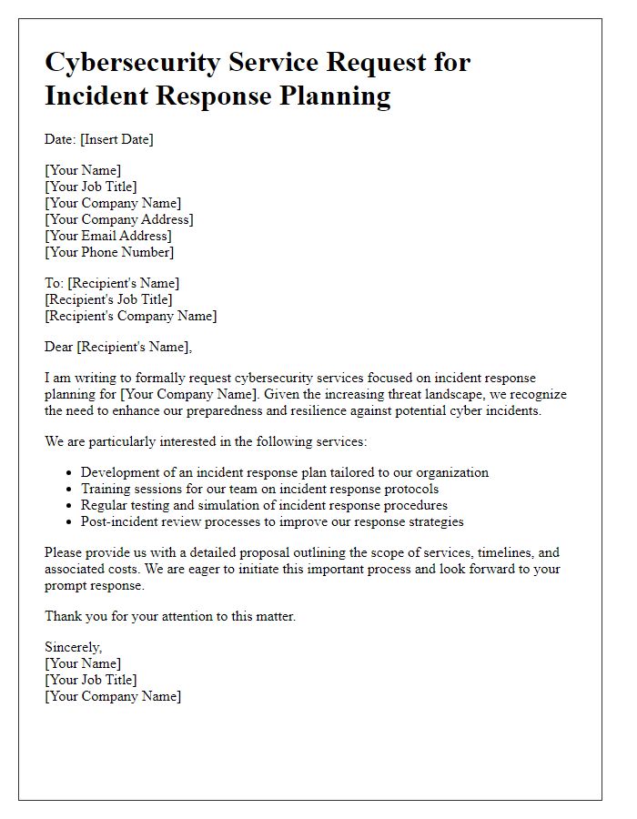 Letter template of cybersecurity service request for incident response planning.