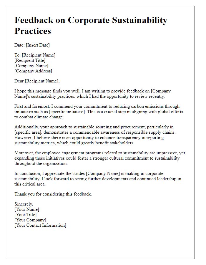 Letter template of feedback on corporate sustainability practices