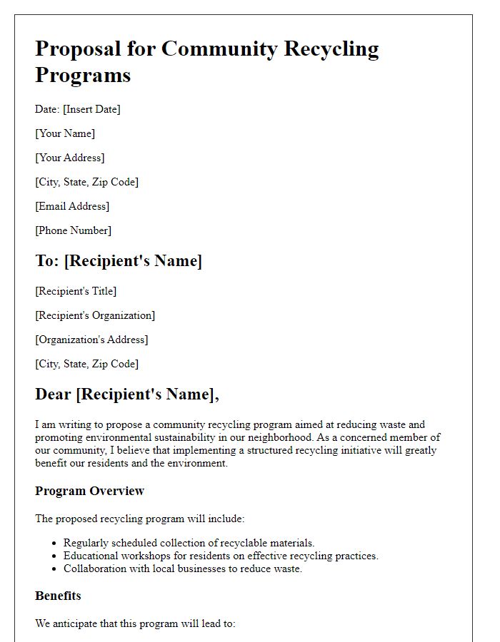 Letter template of proposal for community recycling programs