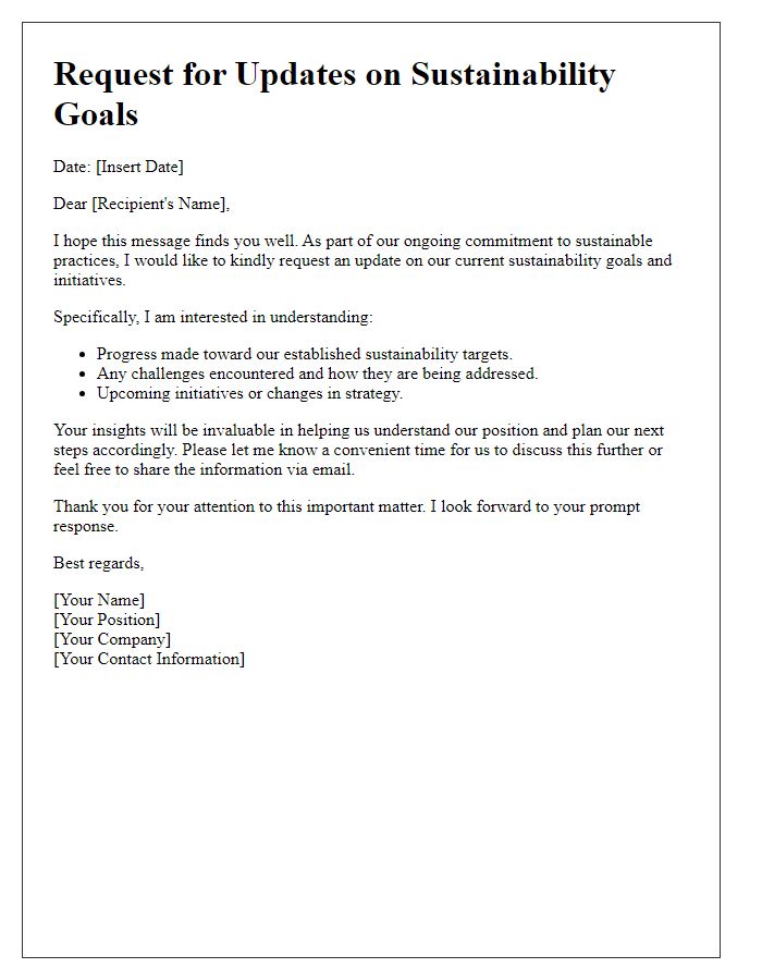 Letter template of request for updates on sustainability goals