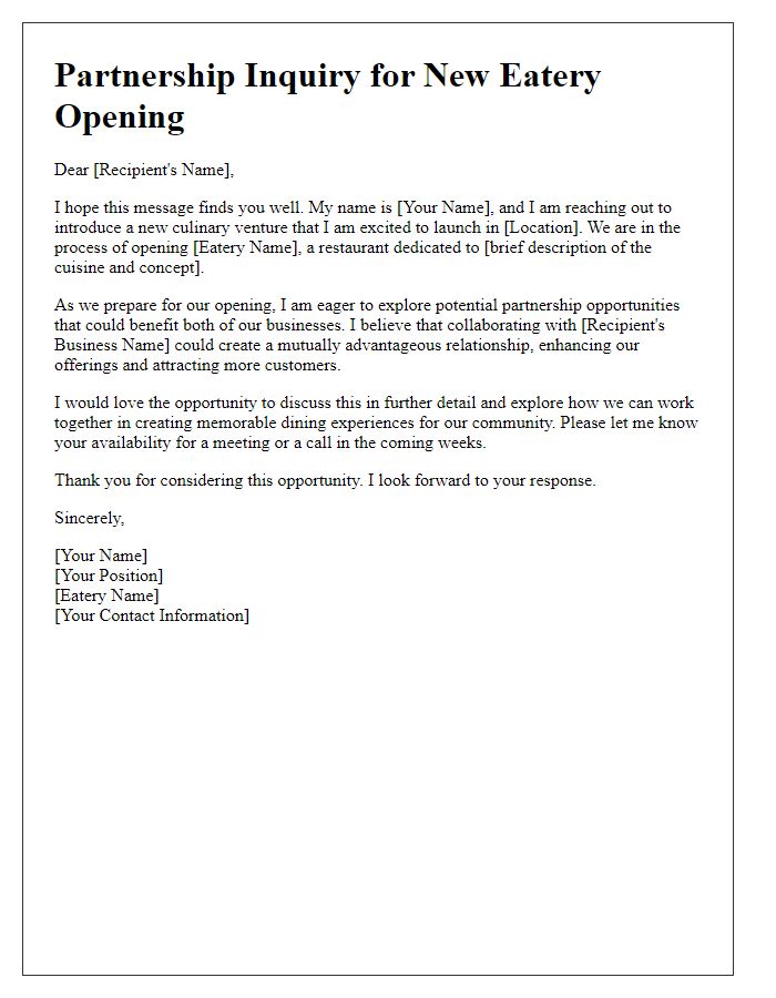 Letter template of new eatery opening partnership inquiry