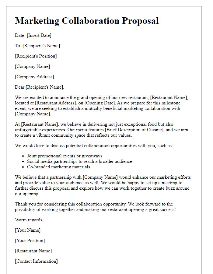 Letter template of restaurant opening marketing collaboration proposal