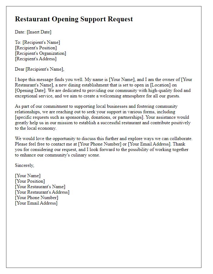 Letter template of restaurant opening support request