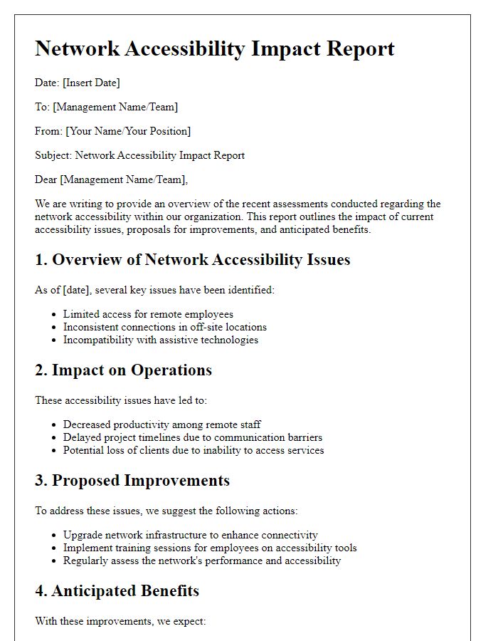 Letter template of network accessibility impact report for management.