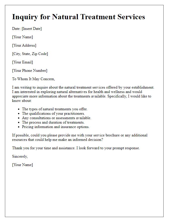 Letter template of inquiry for natural treatment services