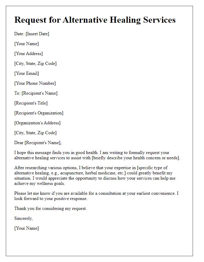 Letter template of request for alternative healing services