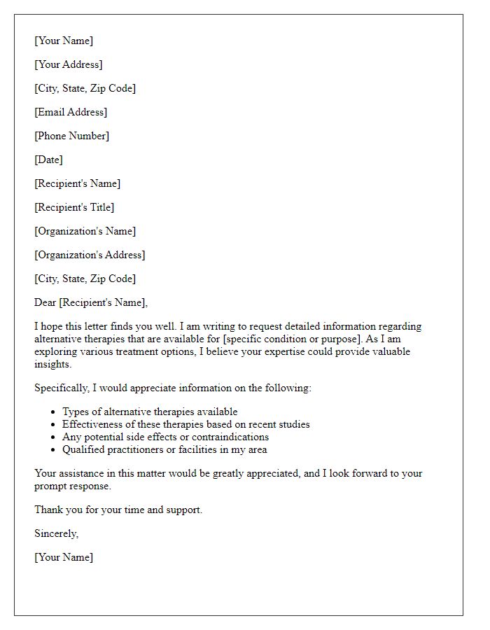 Letter template of request for details on alternative therapies