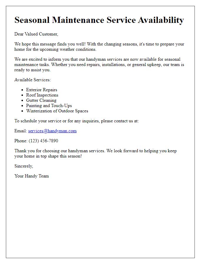 Letter template of handyman service availability for seasonal maintenance