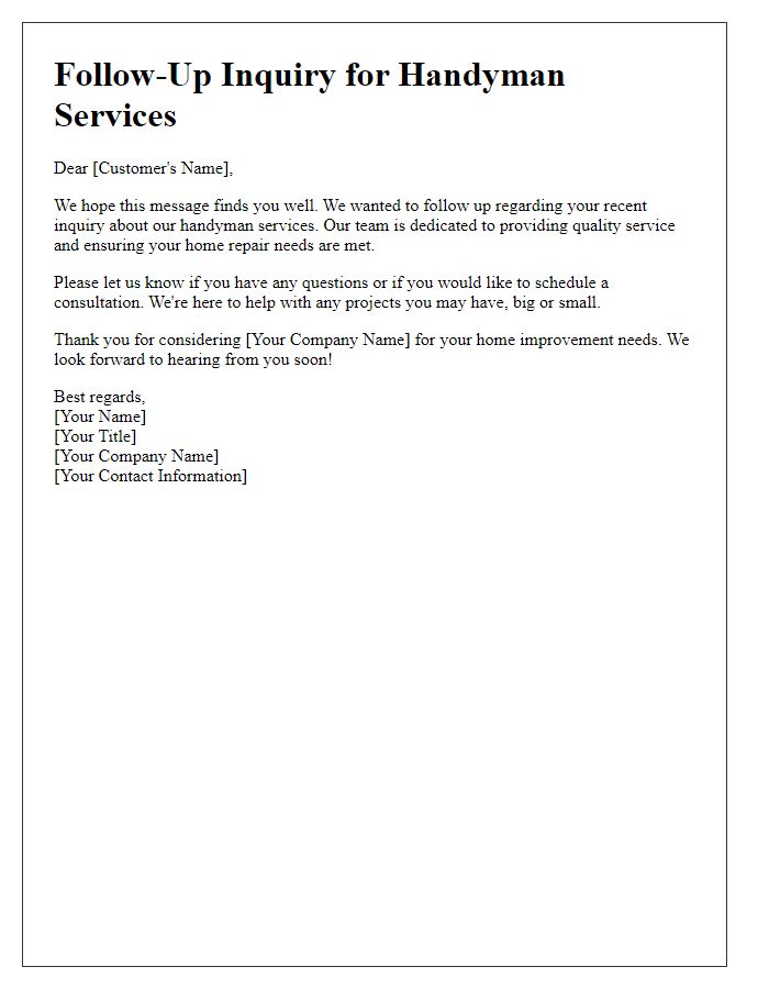 Letter template of handyman service follow-up inquiry