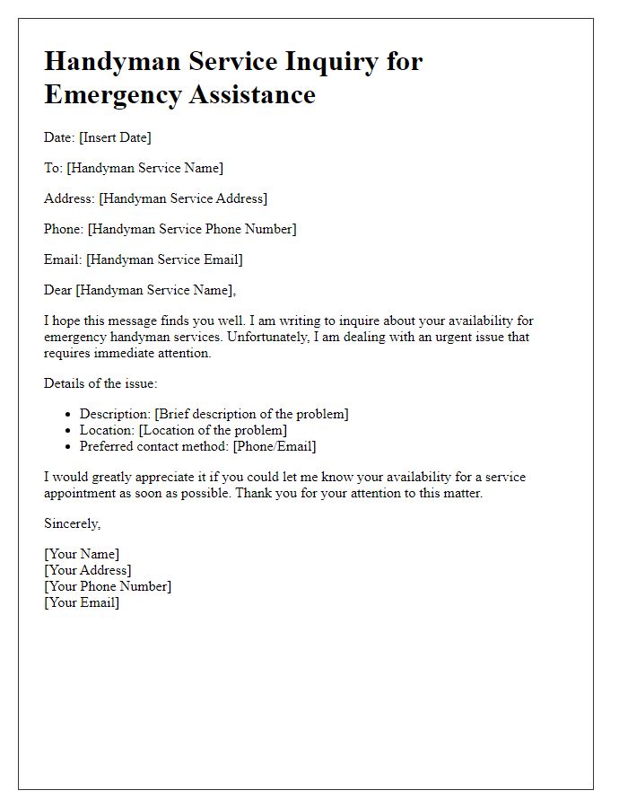 Letter template of handyman service inquiry for emergency assistance