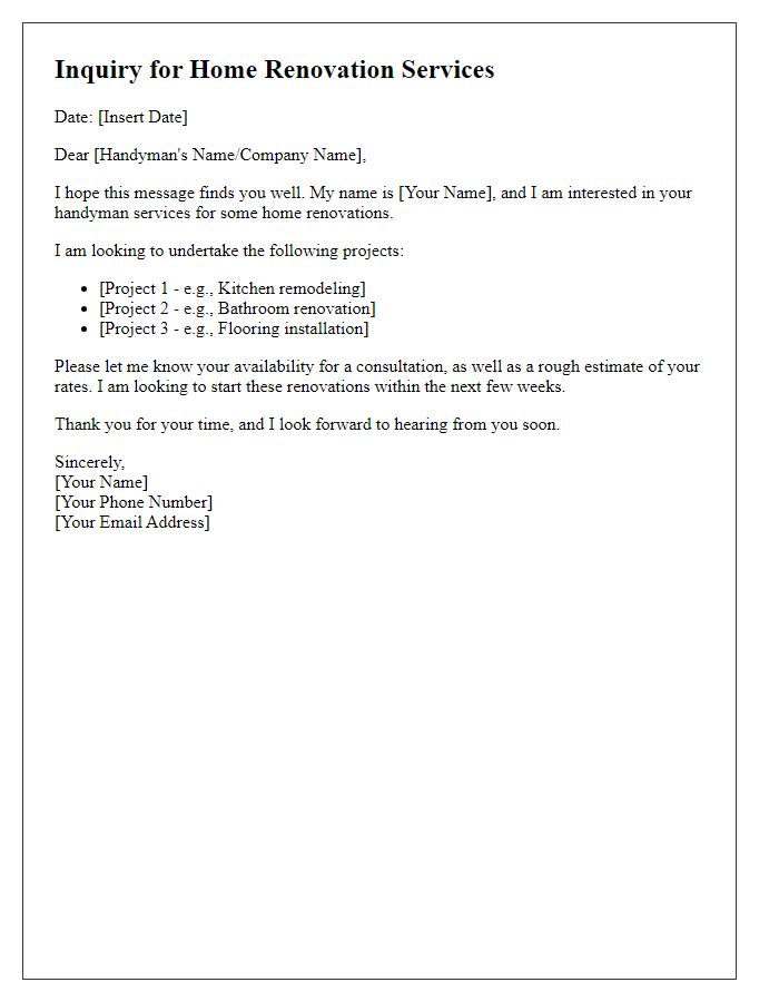 Letter template of handyman service inquiry for home renovations