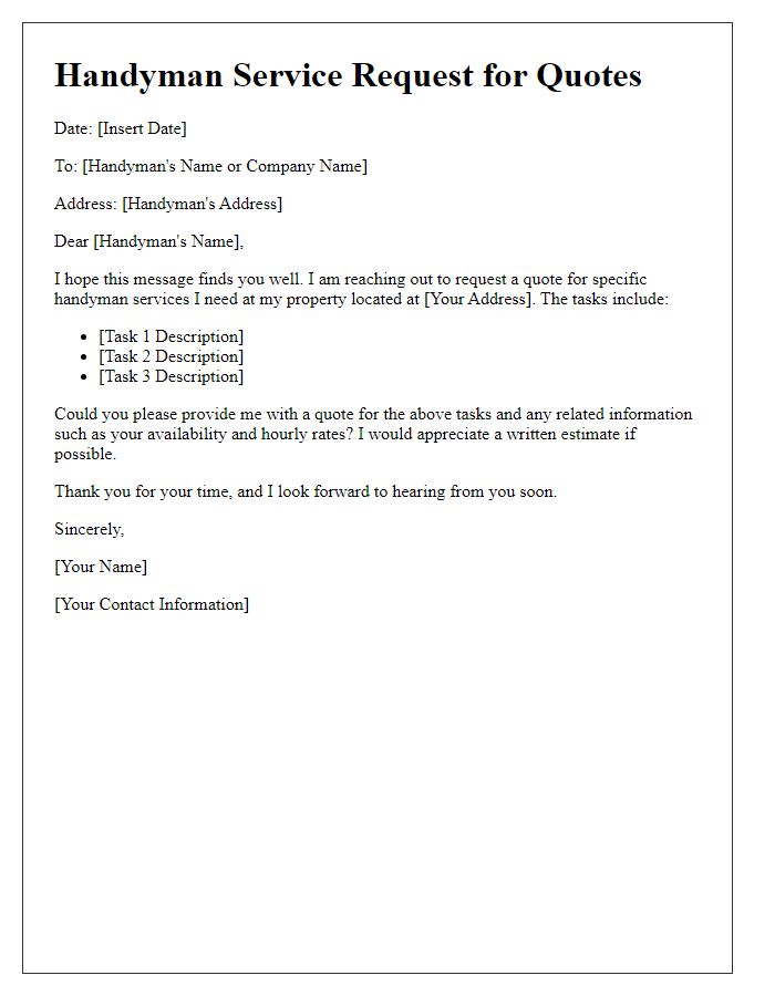 Letter template of handyman service request for quotes on specific tasks