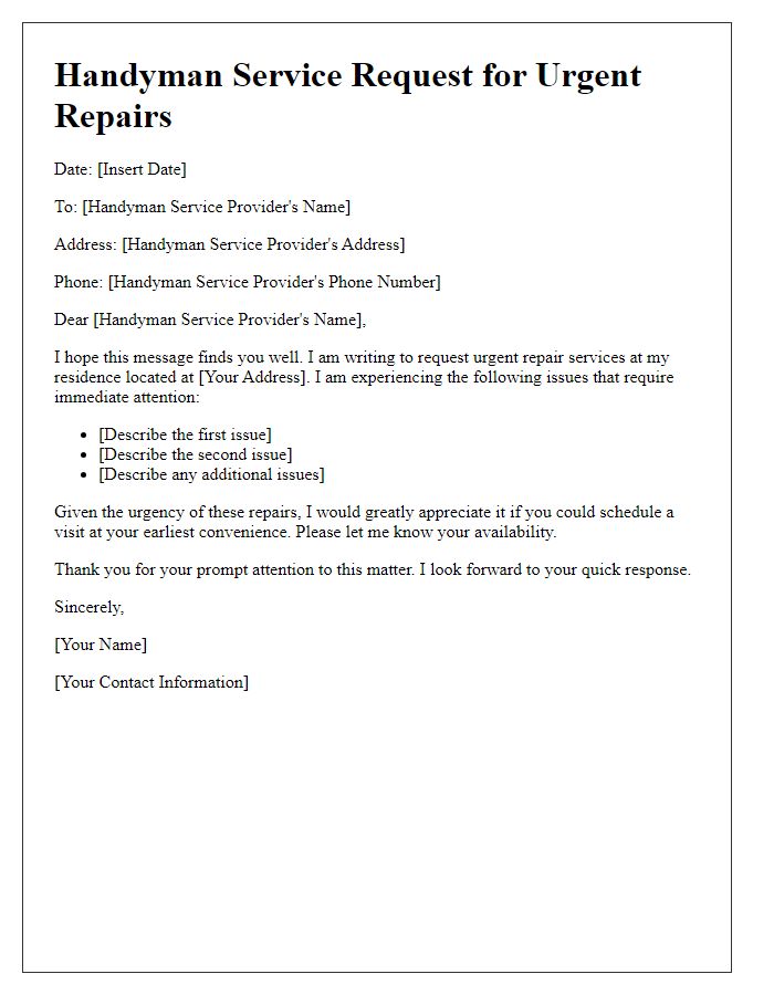 Letter template of handyman service request for urgent repairs