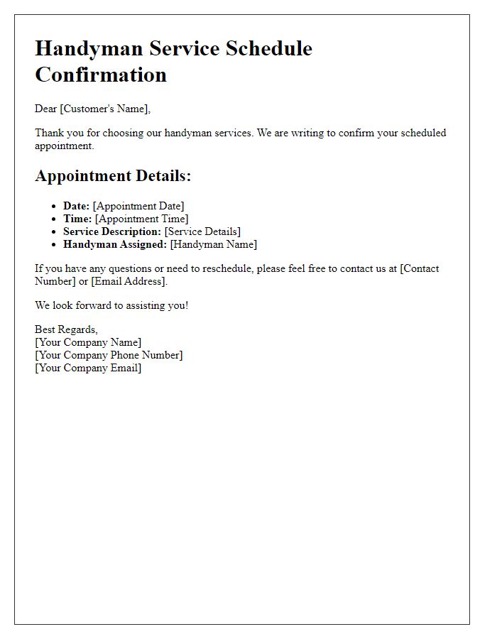 Letter template of handyman service schedule confirmation