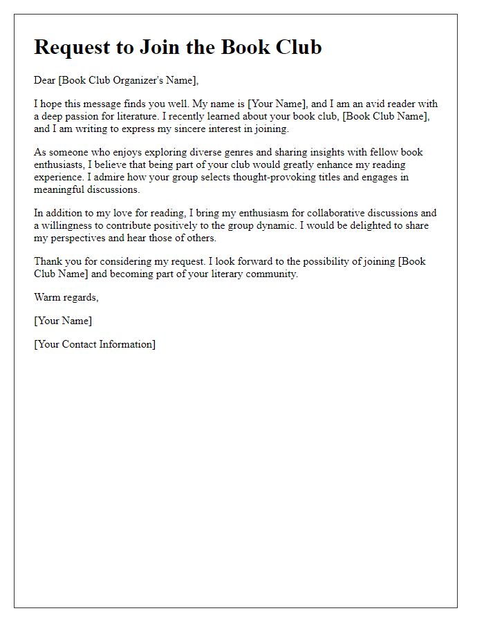 Letter template of appeal to join an existing book club