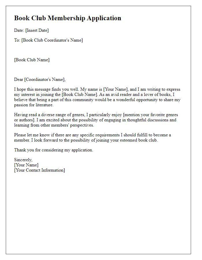 Letter template of application for joining the book club