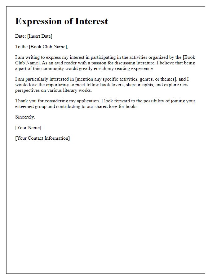 Letter template of expression of interest in book club activities