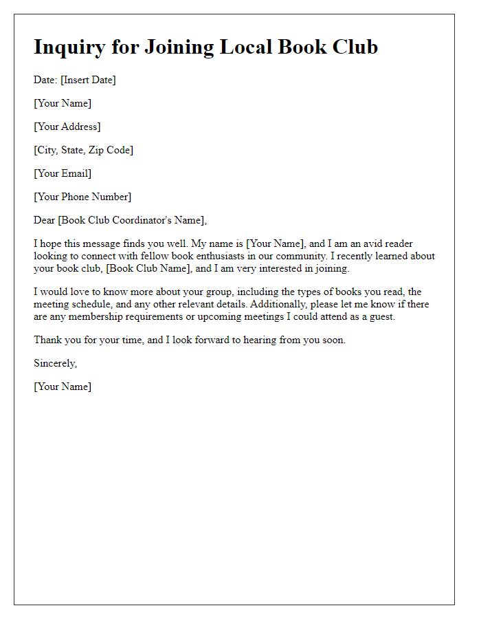 Letter template of inquiry for joining a local book club