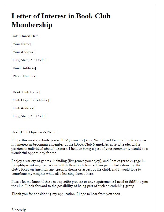 Letter template of interest in becoming a member of the book club