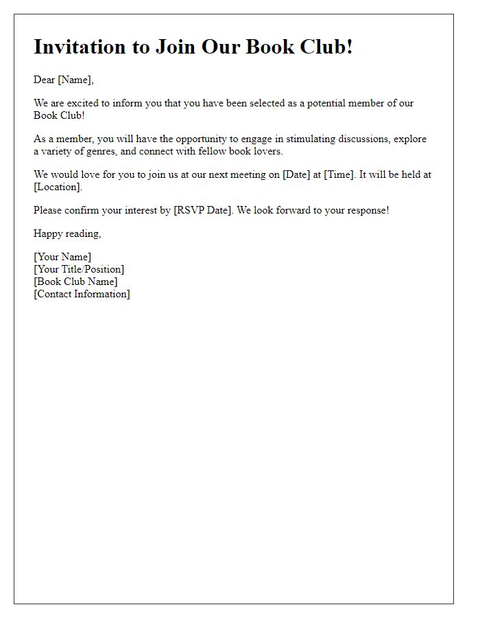 Letter template of notification for potential book club membership