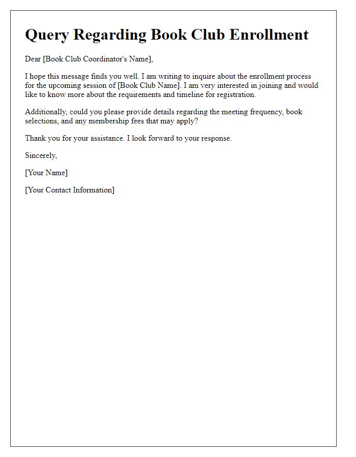 Letter template of query regarding book club enrollment