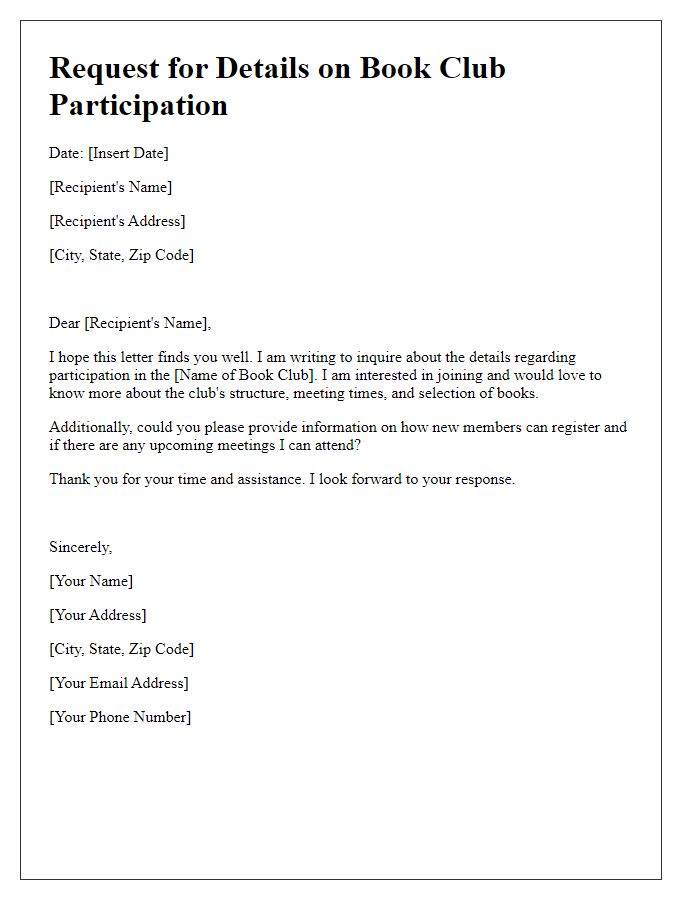 Letter template of request for details on book club participation