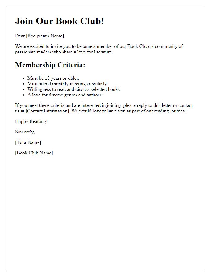 Letter template of solicitation for book club membership criteria