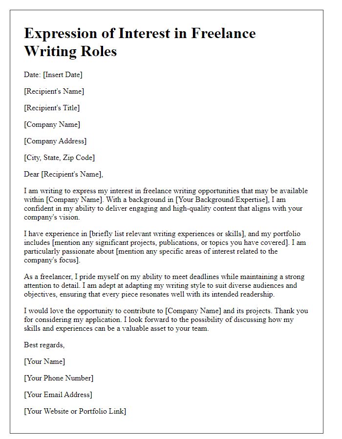 Letter template of expression of interest in freelance writing roles.