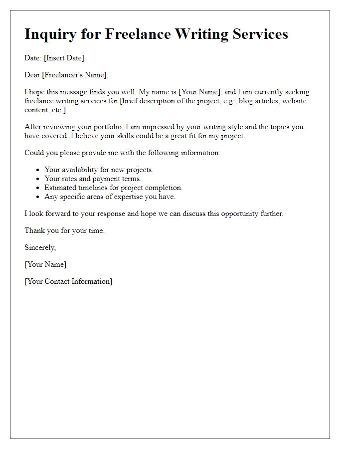 Letter template of inquiry for freelance writing services.