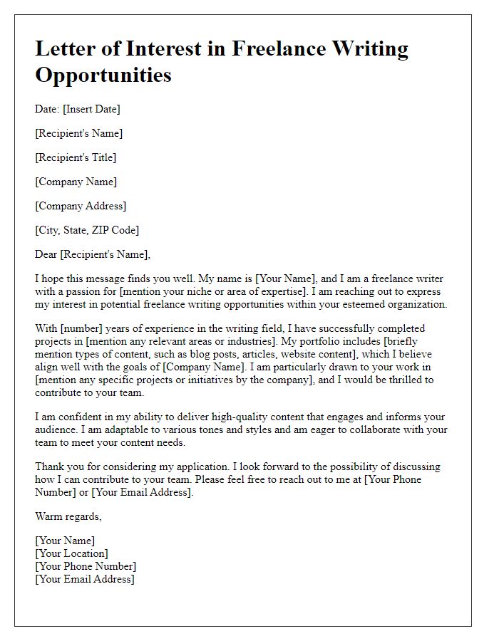 Letter template of interest in freelance writing opportunities.