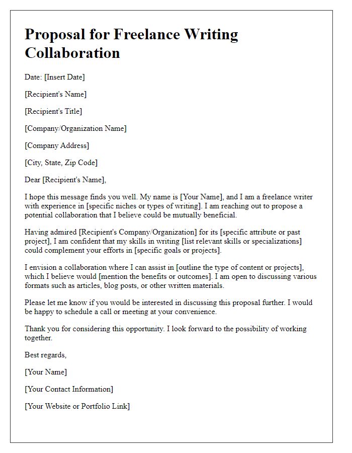 Letter template of proposal for freelance writing collaboration.