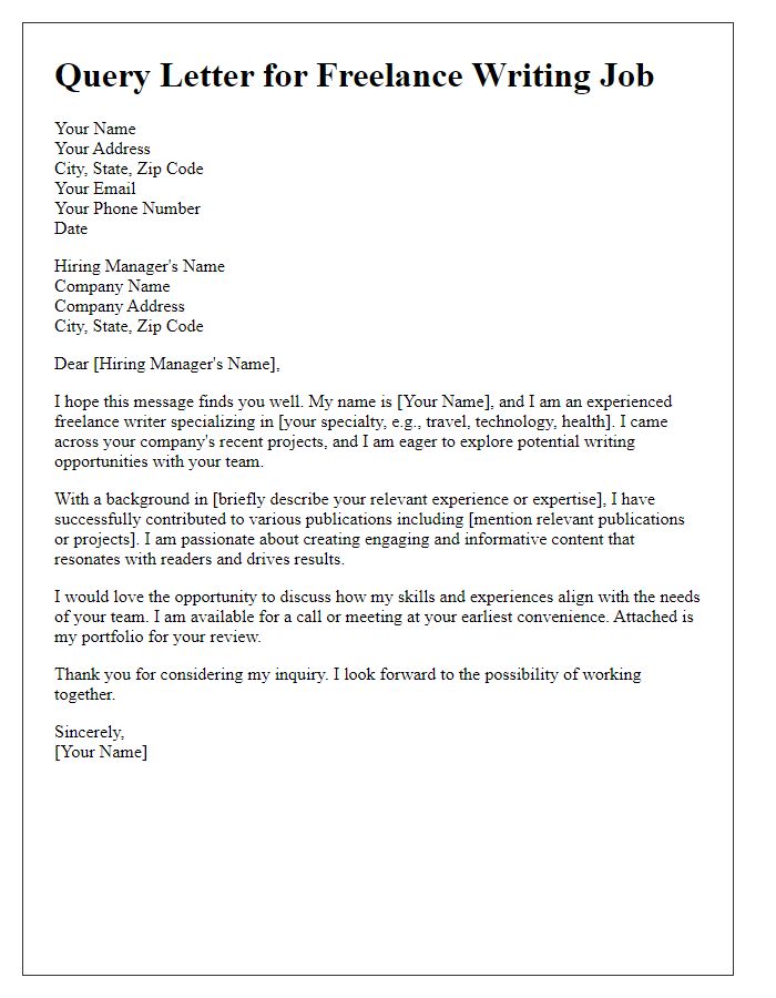 Letter template of query for freelance writing job openings.