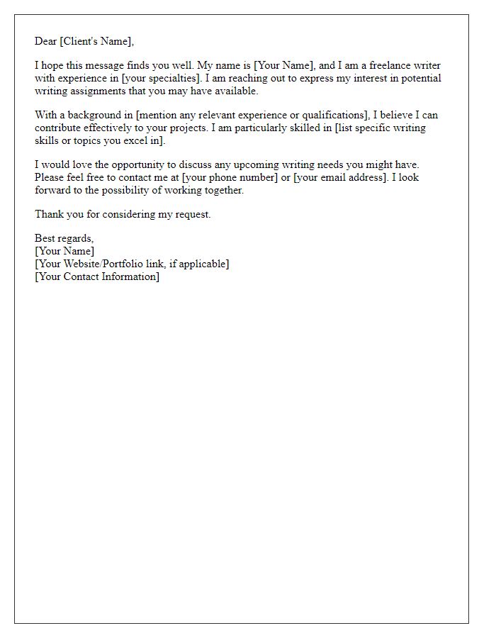 Letter template of request for freelance writing assignments.