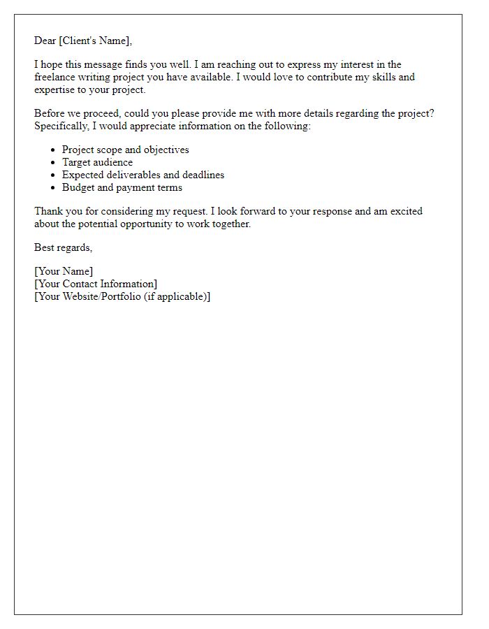 Letter template of request for freelance writing project details.