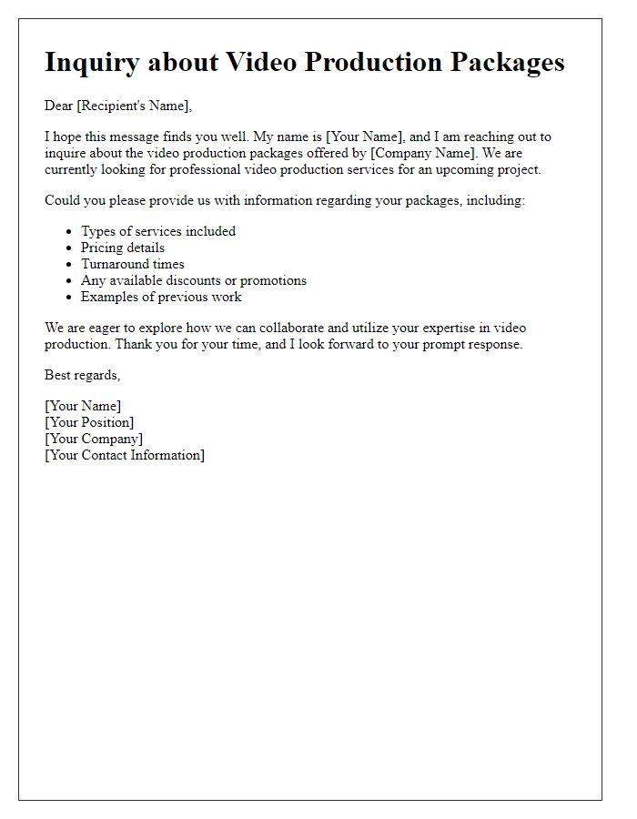 Letter template of information inquiry on video production packages