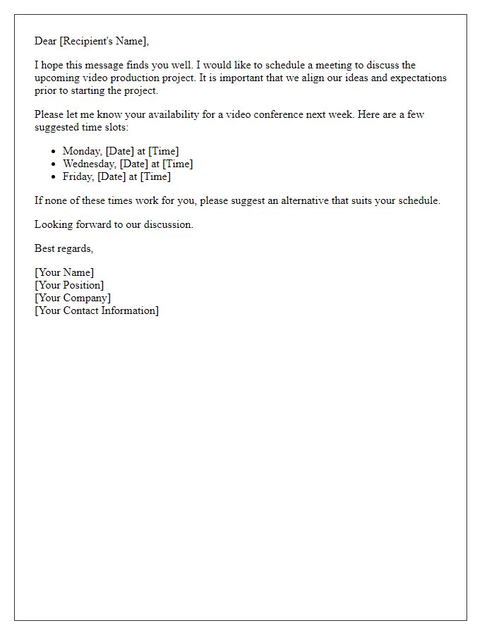 Letter template of scheduling a meeting for video production discussion
