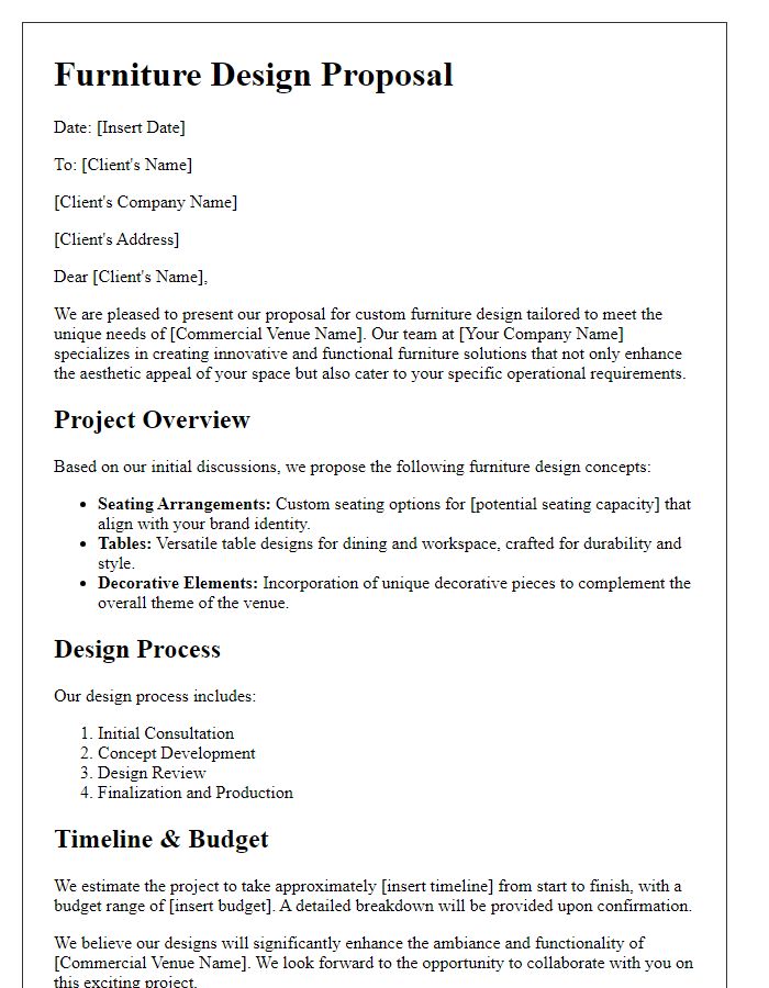 Letter template of custom furniture design proposal for commercial venue